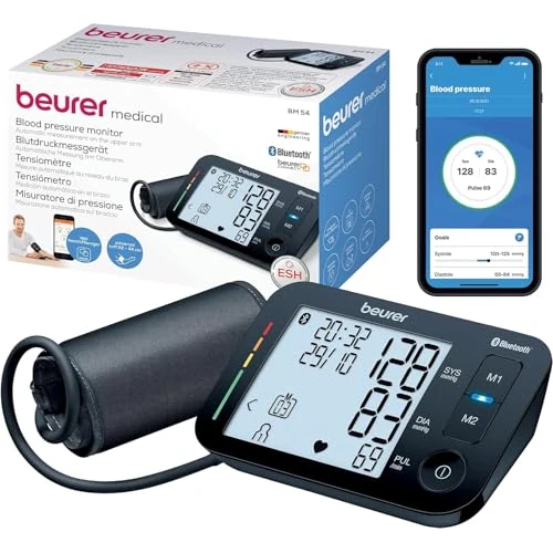 Offerta a tempo: Beurer BM 54 Misuratore Di Pressione Da Braccio, Connessione Bluetooth E Display XL, per circonferenze braccio fino a 44 cm, 2 x 60 posizioni di memoria, Rilevazione aritmia e indicatore di rischio - 37% da 78.99 € a 49.99 €