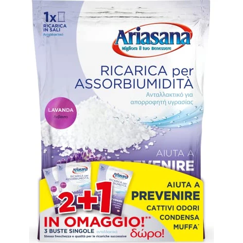 Offerta a tempo: Ariasana Ricarica in Sali Assorbiumidità Fragranza Lavanda Formato Convenienza di 2 Buste da 450 Grammi + 1 Busta da 450 Grammi in Omaggio Assorbono Efficacemente l'Eccesso di Umidità - 45% da 10.90 € a 6.00 €