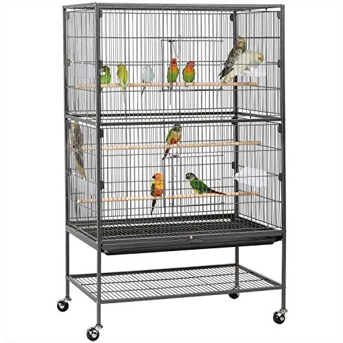 Yaheetech Bird Cage for Parrots Large Inseparable Birds with Pedestal Metal and Wood Wheels for Indoor and Outdoor 78.3 x 52 x 132 cm, Black