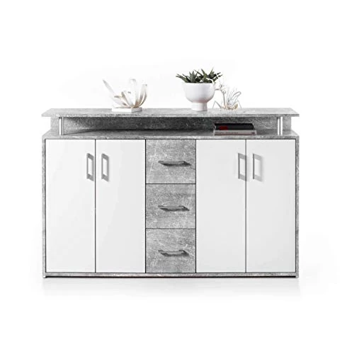 Avanti Trendstore - Doro — komoda z dekoracją drewnianą, z 1 otwartą półką, 3 szufladami i 4 drzwiami, dostępna w 2 rozmiarach, wymiary szer. x wys. 139 x 90 x 34 cm (beton — biały)