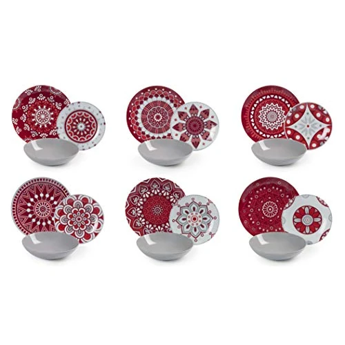 Limited offer: Excelsa Mandala Red Dinner Service, 18 Pieces, Porcelain and Ceramic, Multi-Colour from 118.10 EUR to 85.22 EUR (save 28%)