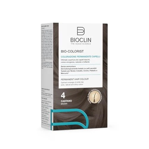 Offerta a tempo: BIOCLIN Bio-Colorist Colorazione Permanente Capelli Castano 4 – Senza Ammoniaca e Dermatologicamente Testato - con Olio di Argan – Copertura Ottimale Capelli Bianchi – Colore Naturale e brillante - 40% da 11.90 € a 7.13 €
