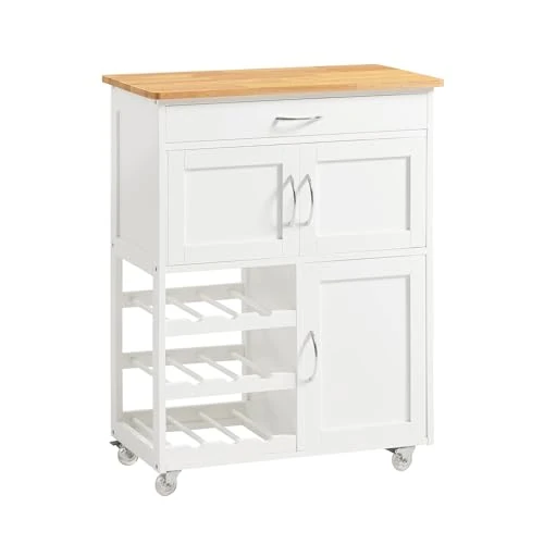 SoBuy Kitchen Trolley White Sideboard with 1 Drawer, 2 Cabinets and 2 Bottle Holders, Hevea Wood Top L67P37A87cm FKW45-WN
