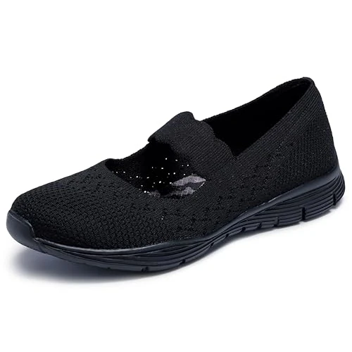 Tijdelijke aanbieding: Skechers Seager-Power Hitter Mary Janes voor vrouwen, Zwart plat gebreid, 37.5 EU van 79.95 € naar 79.95 € (0.00% korting)