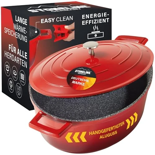 Offerta a tempo: STONELINE Casseruola Ovale 32 cm, 6,6 L, Rostiera Cocotte con Coperchio, Pentola Alluminio Pressofuso Rivestimento Antiaderente con Particelle di Pietra, A Induzione Forno, Ciliegia - 0.00% da 100.95 € a 100.95 €
