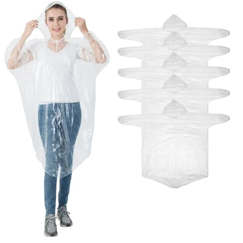 Tijdelijke aanbieding: Igoera Regenponcho, verpakking van 5 stuks, transparant of kleurrijk, met mouwen, waterdichte regencape met capuchon voor dames, heren en kinderen, festival, camping en outdoor, transparant, Eén maat van 9.99 € naar 9.99 € (0.00% ko