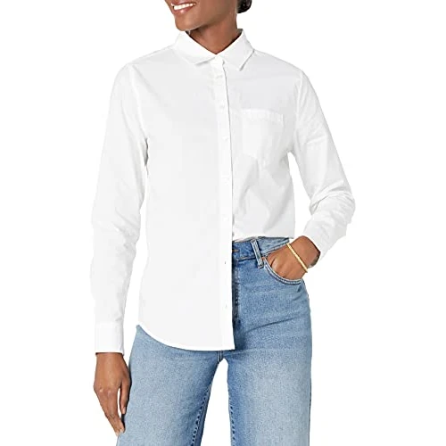 Offerta a tempo: Amazon Essentials Camicia da donna in popeline a maniche lunghe con bottoni, vestibilità classica, bianca, XXL - 22% da 26.00 € a 20.30 €