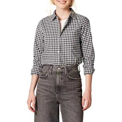 Offerta a tempo: Amazon Essentials Camicia Button-Down a Maniche Lunghe in Popeline di Cotone, Vestibilità Regolare, Business Casual Donna, Nero Bianco Percalle, S - 14% da 23.50 € a 20.30 €