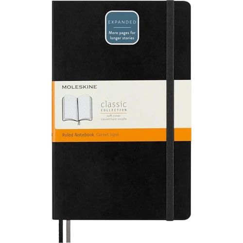 Moleskine - Classic Expanded Ruled Paper Notebook - Soft Cover and Elastic Closure Journal - Color Black - Size Large 13 x 21 A5 - 400 Pages