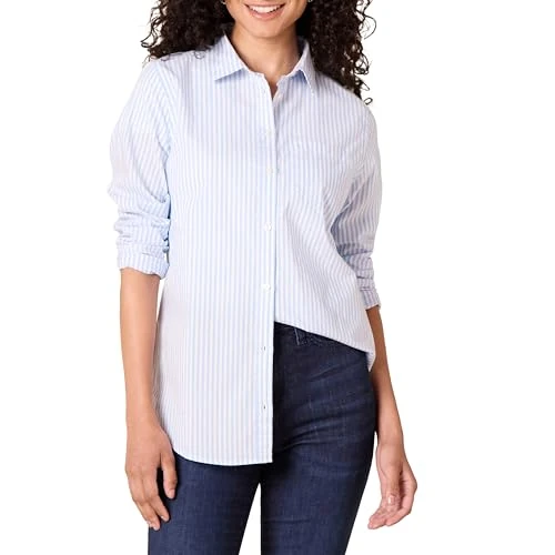 Limitiertes Angebot: Amazon Essentials Damen Regular-Fit Langarm-Button-Down-Popeline-Hemd, Französisch Blau Weiß Streifen, L von 19.50 EUR auf 14.94 EUR (Spare 23%)