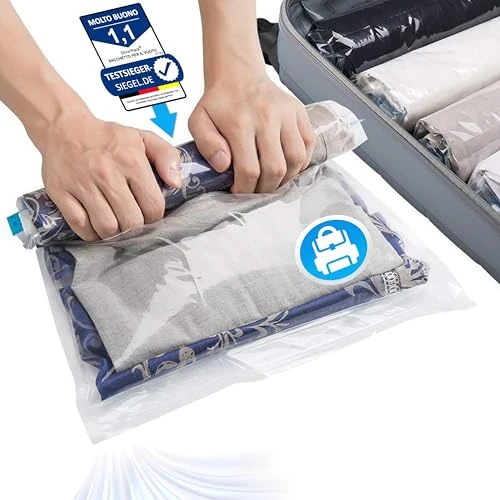 Zeitlich begrenztes Angebot: SilverRack Vakuumbeutel für Kleidung Reise zum Rollen [12 Stück] in (4x 35x50 cm / 4x 40x60 cm / 4x 50x70 cm) - Vakuum Beutel Kleidung Reise - Travel Vakuumbeutel - ideal zum Reisen platzsparend von 21.99 € auf 18.69 € (15% Ra