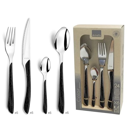 Limitiertes Angebot: Amefa ECLAT Besteck Set NATURE Schwarz Holz Essbesteck 24-teilig für 6 Personen Edelstahl rostfrei Kunststoff-Griffschalen in Holzoptik spülmaschinenfest Besteck Set 6 Personen von 47.00 EUR auf 32.08 EUR (Spare 32%)