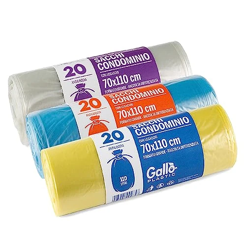 Offerta a tempo: Gallo, Sacchi per Raccolta Differenziata, 20 sacchetti per rotolo, kit da 3 rotoli, 70x110cm, 110 Litri, Blu, Trasparente, Giallo - 4% da 39.90 € a 38.50 €