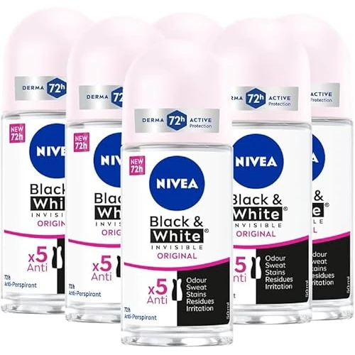 Offerta a tempo: NIVEA Black & White Invisible Original Roll-on 6 x 50 ml, Deodorante Donna Efficace 72h, Deodorante Roll on Antitraspirante per Odori, Sudore, Residui, Irritazioni e Macchie su Tessuti Chiari e Scuri - 46% da 22.14 € a 11.94 €