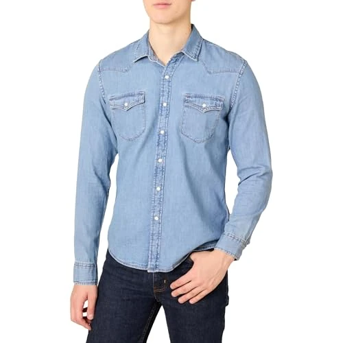 Offerta a tempo: Amazon Essentials Camicia in Jeans a Maniche Lunghe con Bottoni Automatici Uomo, Blu Chiaro, S - 6% da 17.13 € a 16.13 €