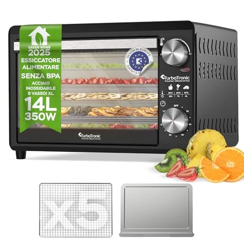 Deshidratador TurboWave BIO completamente de metal, 14 litros, 5x estantes, incl. temporizador y libro de recetas