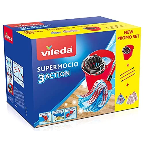 Vileda SuperMocio Box, Floor Mop System, Set With Wringer, 2 Microfibre & Power Flakes, 1 3Action Bow, 3 Piece Handle, Red