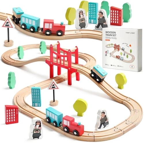 Tiny Land Tren Juguete, 39Pcs Trenes de Juguetes para Niños con Pistas de Madera, Compatible con Otras Marcas líderes, Intercambiable y Expandible, Kit de Ferrocarril de Juguete Empaquetado de Regalo