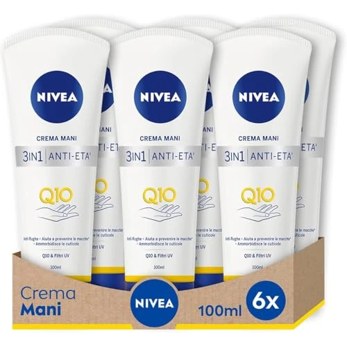 NIVEA Crema de manos antiedad Q10, antiarrugas y antimanchas, 6 unidades de 100 ml, crema hidratante para las manos enriquecida con Q10 Complex, crema antiedad con filtros UV