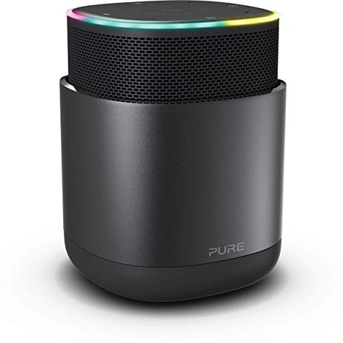 Pure DiscovR Smart Home draadloze luidspreker met Alexa-spraakbesturing (360 graden geluid, 15 uur batterij, snellaadfunctie, internetradio en speciale privacybescherming), zwart
