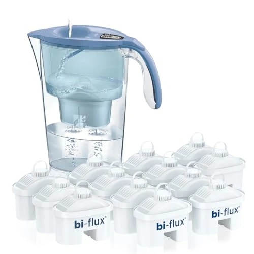 LAICA Stream Line Water Filter Jug & 13 bi-flux Water Filter Cartridges Blue 2.3L - Digital Timer, Easy Fill Design, BPA Free, Dishwasher Safe - Preserves Minerals, Removes Impurities - Made in Italy