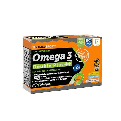 NAMEDSPORT> Omega 3 Double Plus, EPA y DHA altamente concentrados por cápsula blanda, 1 g de aceite de pescado, Omega 3 altamente concentrado, sin regusto, Marca de Italia, 30 cápsulas blandas