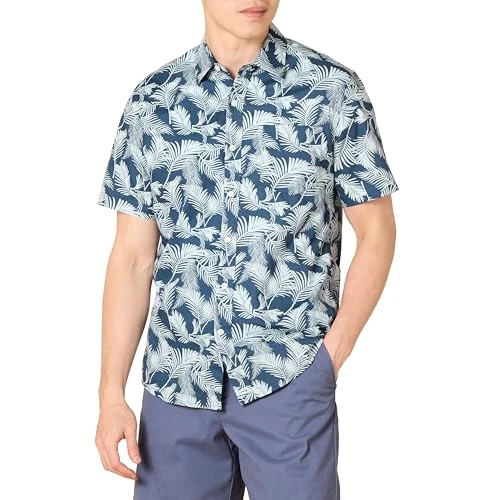Offerta a tempo: Amazon Essentials Camicia Slim-fit A Maniche Corte Con Bottoni E Stampa Uomo, Blu Marino Foglie Di Palma, XXL - 58% da 24.70 € a 10.33 €