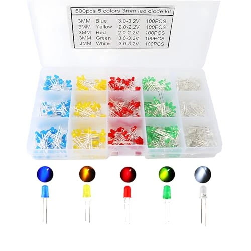Offerta a tempo: CESFONJER Diodo ad emissione luminosa LED 500pz x 3mm, Diffusore rotondo 2pin Bianco/Rosso/Giallo/Verde/Blu Kit (5 colori x 100pz) - 0.00% da 9.99 € a 9.99 €