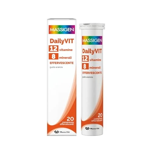 Massigen DailyVIT - 12 Vitamine 8 Minerali Effervescente, Integratore Alimentare Completo, Energia e Benessere, 20 Compresse Effervescenti, Senza Glutine e Lattosio