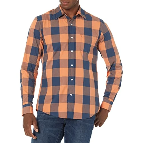 Limited-time offer: Amazon Essentials Men's Slim-Fit Long-Sleeve Poplin Shirt, Blue Orange Buffalo, L from 11.10 GBP to 10.50 GBP (save 5%)