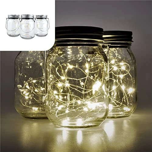 Gadgy Solar Mason Jar Lights - Set of 3 Outdoor Table Lights - 20 LED Fairy Solar Lantern for Garden, Patio or Balcony