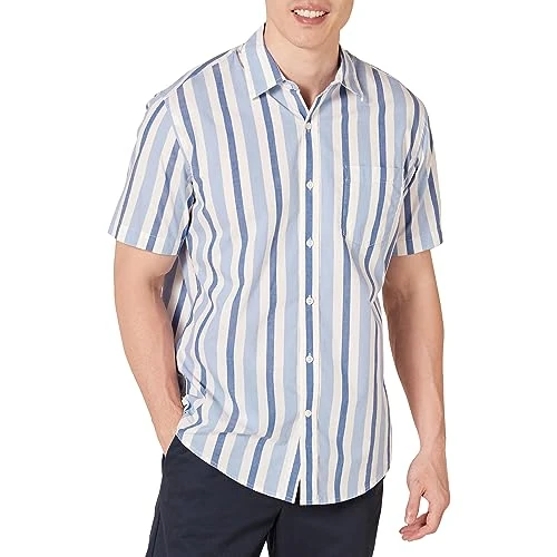 Amazon Essentials Herren Kurzärmeliges Hemd aus Popeline, Normale Passform, Blau Weiß Streifen, M