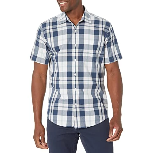 Offerta a tempo: Amazon Essentials Camicia Casual in Popeline a Maniche Corte Uomo, Blu Marino Bianco Motivo Quadri Grandi, M - 0.00% da 16.84 € a 16.84 €