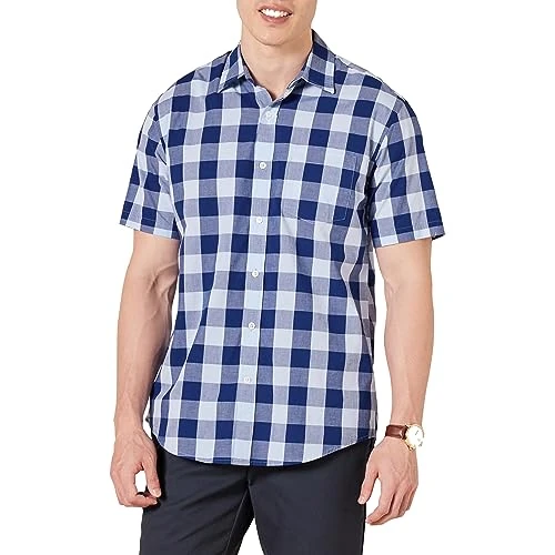 Amazon Essentials Camicia in Popeline a Maniche Corte Regular Fit Uomo, Blu Buffalo Check, S