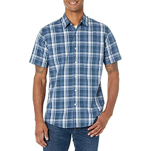 Amazon Essentials Camicia in Popeline a Maniche Corte Regular Fit Uomo, Blu Marino Motivo Quadri Medi, S