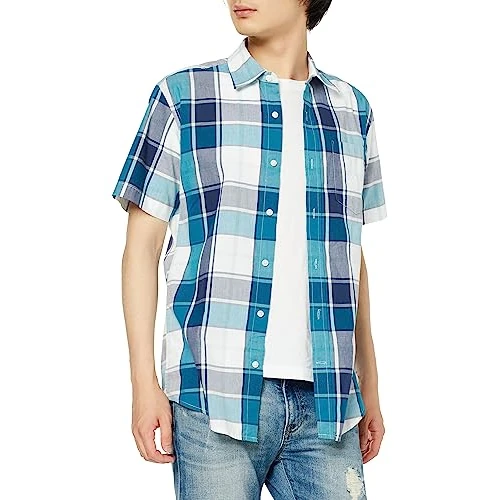 Amazon Essentials Men's Regular-Fit Short-Sleeve Poplin Shirt, Teal Blue White Large Plaid, S