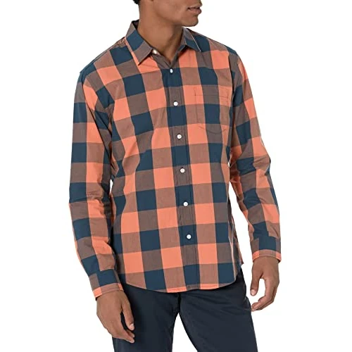 Offerta a tempo: Amazon Essentials Camicia Casual in Popeline a Maniche Lunghe vestibilità Regular Uomo, Blu Marino Arancione Bisonti, XXL - 20% da 19.20 € a 15.42 €