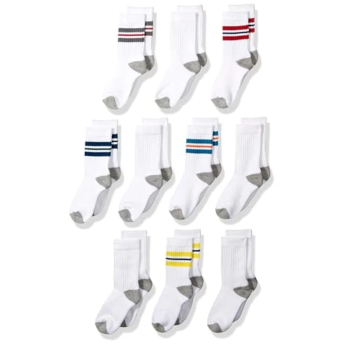 Amazon Essentials Chaussettes de Sport Mi-mollets, en Coton, Rembourrées Garçon, 10 Paires, Blanc Rayures, 9 ans