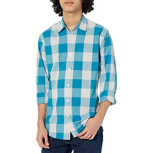 Amazon Essentials Men's Casualowa koszula popelinowa z długim rękawem regular fit, Niebieski Biały Kratka, L