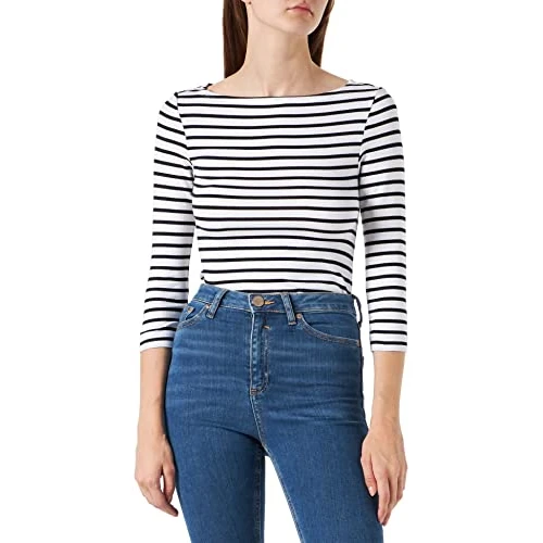 Zeitlich begrenztes Angebot: Amazon Essentials Damen Bateau-Ausschnitt T-Shirt mit 3/4-Ärmeln, Schmale Passform, Weiß Streifen, L von 12.30 € auf 10.80 € (12% Rabatt)