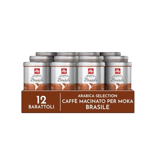 Offerta a tempo: illy, Caffè Macinato per Moka Arabica Selection Brasile, 100% Arabica con Note di Caramello e Frutta Secca, Gusto Intenso, Confezione da 12 Barattoli (12 x 125g) - 16% da 52.68 € a 44.04 €