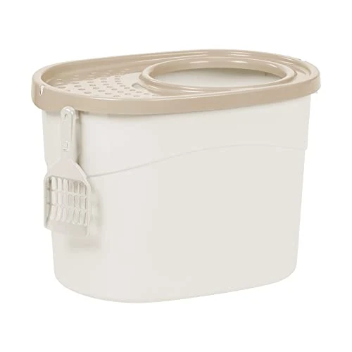 Iris Ohyama, Duża plastikowa kuweta z wejściem od góry, w zestawie miarka i pokrywa z otworami wentylacyjnymi , S52 x G 37,5 x W 36,5 cm , bez bisfenolu A, dla kotów , TECL-20 , biały/beżowy