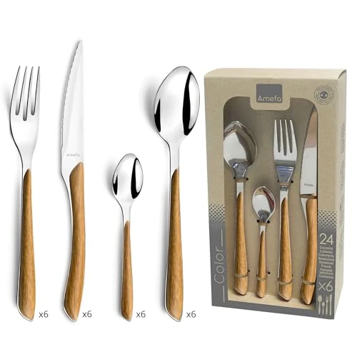Limitiertes Angebot: Amefa ECLAT Besteck Set NATURE Braun Holz Essbesteck 24-teilig für 6 Personen Edelstahl rostfrei Kunststoff-Griffschalen in Holzoptik spülmaschinenfest Besteck Set 6 Personen von 47.00 EUR auf 34.68 EUR (Spare 26%)