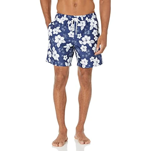 Offerta a tempo: Amazon Essentials Pantaloncini da Bagno con Fodera Interna in Rete, Tasche, Chiusura con Coulisse Uomo, Blu Marino Fiori Di Ibisco, L - 4% da 15.50 € a 14.90 €