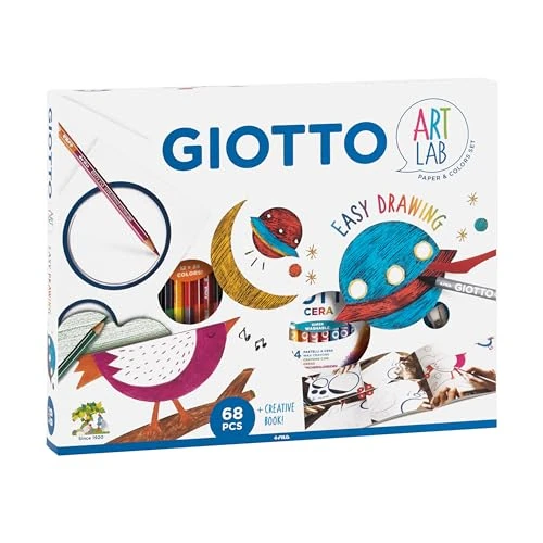 GIOTTO Art Lab: Kit Creativo per Disegno - Album Kids, 12 Pastelli Stilnovo Bicolor, 24 Pastelli a Cera, Maschera Grafica 'Cerchi', Raschietto