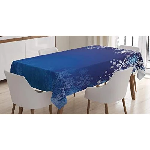 ABAKUHAUS Christmas Tablecloth, Ornamental White Snowflakes in Various Styles Cold Winter Season, Dining Room Kitchen Table Cover, 54" x 94", Navy Blue Light blue white