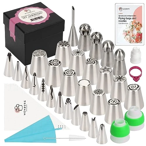 Limited offer: Wenburg Flower Piping Tips Set with 29 Attachments | Russian Piping Nozzles Set | Ball, Ruffle and Leaf Tips, Filling Nozzle | Cupcakes & Cake Decorating Tips | Icing Bags and Tips Set (UNIVERSAL) from 27.99 EUR to 16.68 EUR (save 40%)