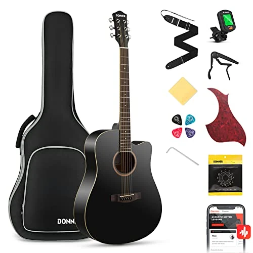 Limitiertes Angebot: Donner Akustikgitarre Set in voller Größe Akustik Gitarre 4/4 Cutaway Anfänger Erwachsene 41 Zoll mit Gigbag Capo Plektren Gurt Saiten (Schwarz) von 109.99 EUR auf 109.99 EUR (Spare 0%)
