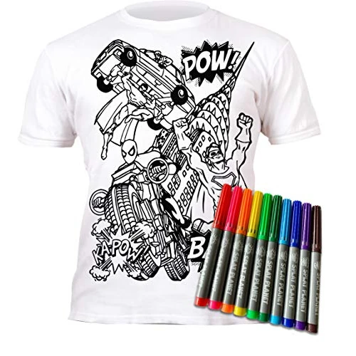 Tijdelijke aanbieding: Splat Planet Kleur-in Superheld T-shirt met 10 niet-giftige wasbare magische pennen - Kleur-binnen en was uit T-shirt (DE/NL/SE/PL, Leeftijd, 5 jaar, 6 jaar, Regular) van 16.95 € naar 16.95 € (0.00% korting)