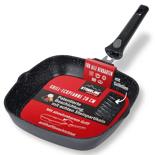 Offerta a tempo: STONELINE SMART Bistecchiera 28 cm, Padella Induzione Griglia, Manico Rimovibile, Alluminio Pressofuso, Tutti i Tipi di Piani Cottura, Antiaderente con Vere Particelle di Pietra, Grigio - 0.00% da 43.31 € a 43.31 €
